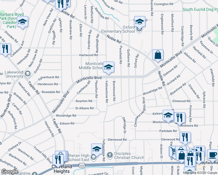 map of restaurants, bars, coffee shops, grocery stores, and more near 1152 Brentwood Road in Cleveland Heights
