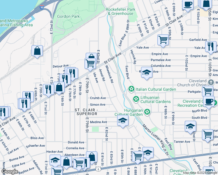map of restaurants, bars, coffee shops, grocery stores, and more near 958 Wheelock Road in Cleveland