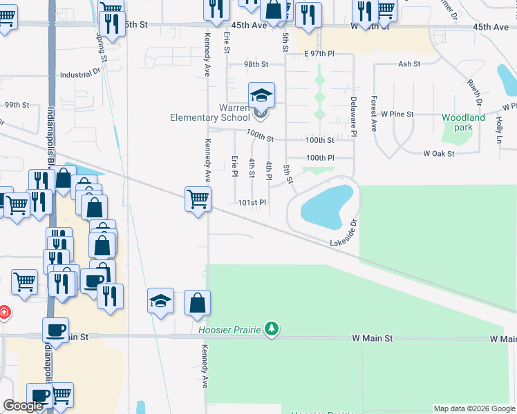 map of restaurants, bars, coffee shops, grocery stores, and more near 2852 101st Place in Highland