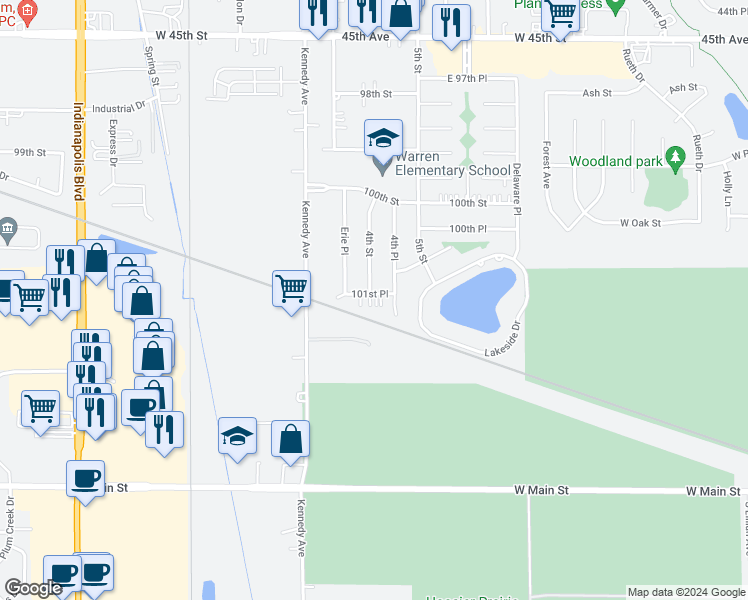map of restaurants, bars, coffee shops, grocery stores, and more near 2852 101st Place in Highland