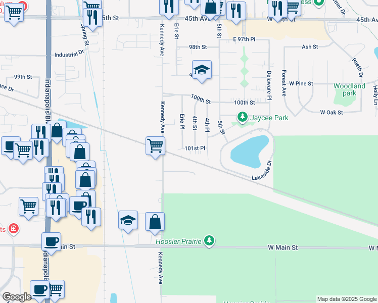 map of restaurants, bars, coffee shops, grocery stores, and more near 2852 101st Place in Highland