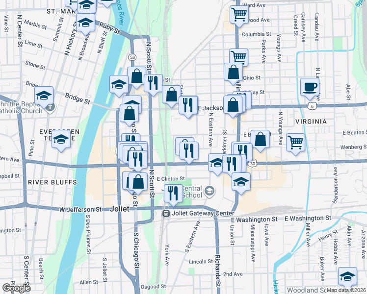 map of restaurants, bars, coffee shops, grocery stores, and more near 111 East Webster Street in Joliet
