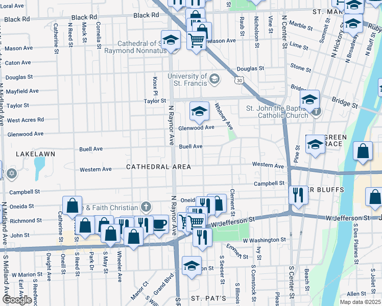 map of restaurants, bars, coffee shops, grocery stores, and more near 310 Whittier Avenue in Joliet