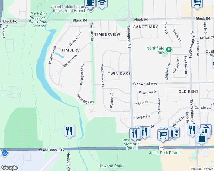 map of restaurants, bars, coffee shops, grocery stores, and more near 3305 Rosemont Drive in Joliet