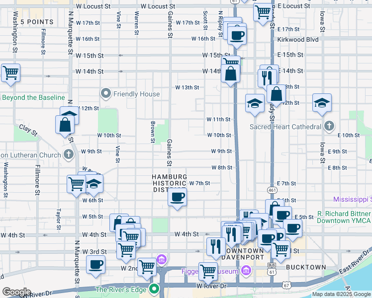 map of restaurants, bars, coffee shops, grocery stores, and more near 614 West 9th Street in Davenport