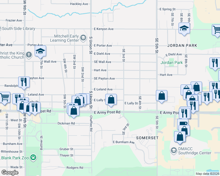 map of restaurants, bars, coffee shops, grocery stores, and more near 200 East Leland Avenue in Des Moines