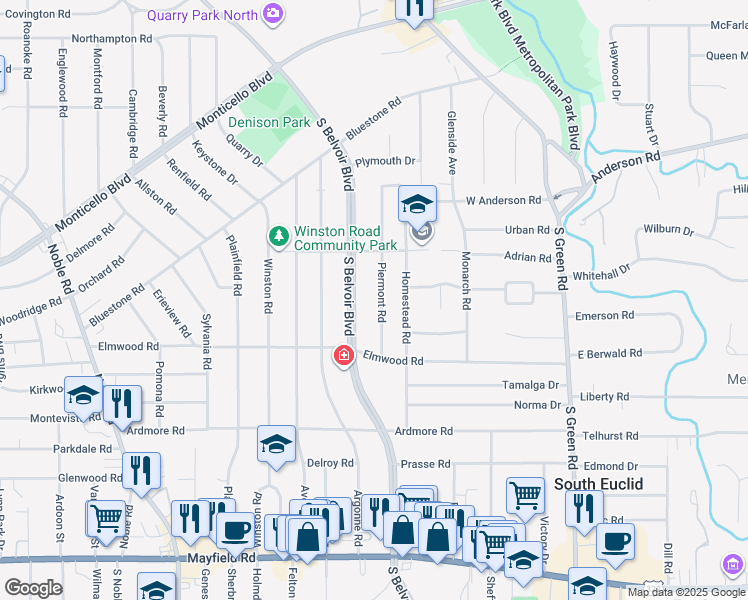 map of restaurants, bars, coffee shops, grocery stores, and more near 1140 Piermont Rd in South Euclid