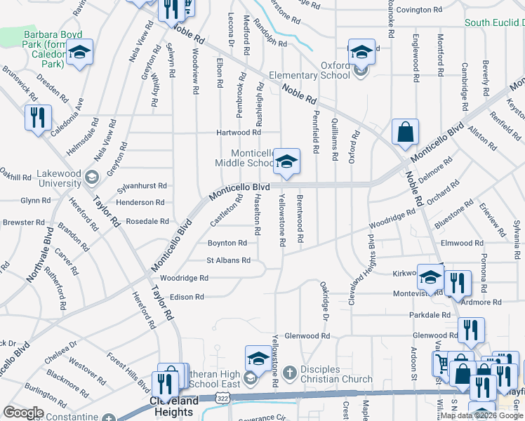 map of restaurants, bars, coffee shops, grocery stores, and more near 1151 Haselton Road in Cleveland Heights