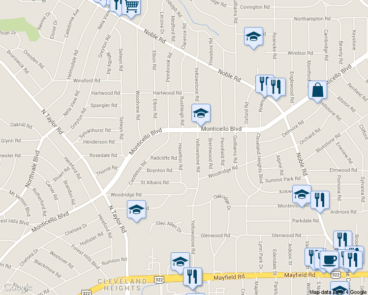 map of restaurants, bars, coffee shops, grocery stores, and more near 1151 Haselton Road in Cleveland Heights