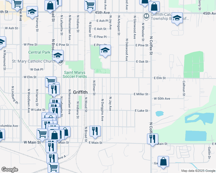 map of restaurants, bars, coffee shops, grocery stores, and more near 421 Dwiggins in Griffith