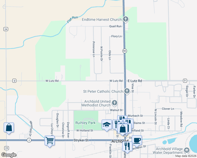 map of restaurants, bars, coffee shops, grocery stores, and more near 332 West Lutz Road in Archbold