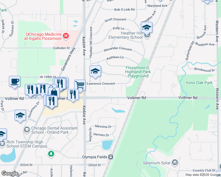 map of restaurants, bars, coffee shops, grocery stores, and more near 1816 Quail Court in Flossmoor