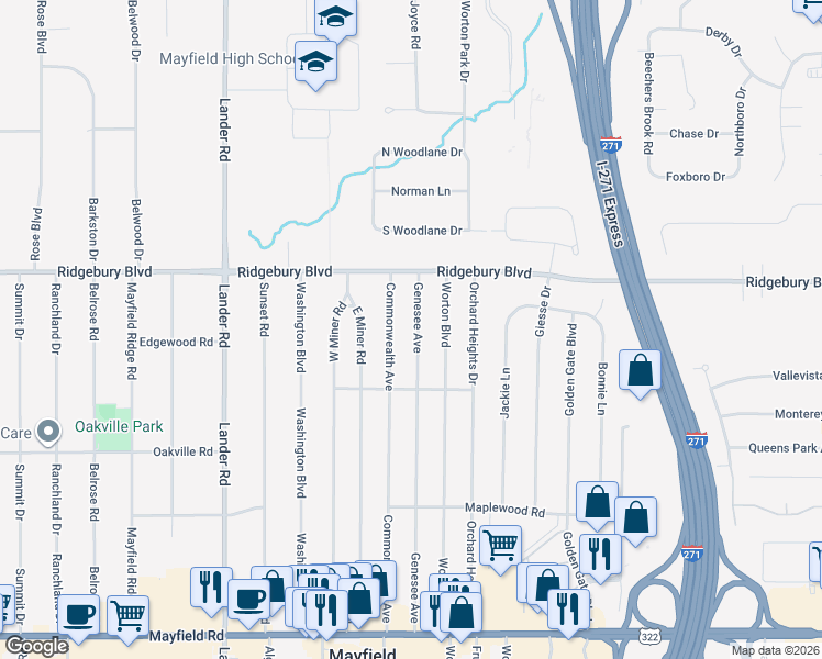map of restaurants, bars, coffee shops, grocery stores, and more near 1156 Genesee Avenue in Mayfield Heights