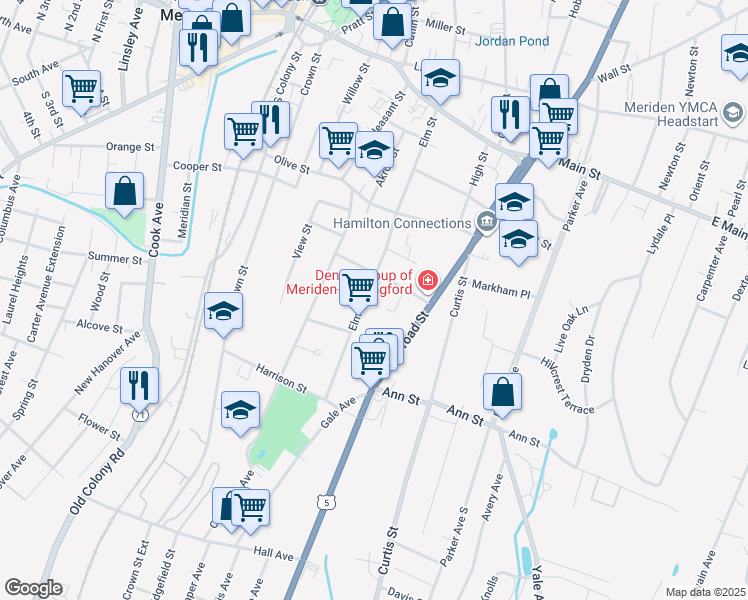 map of restaurants, bars, coffee shops, grocery stores, and more near 234 Elm Street in Meriden