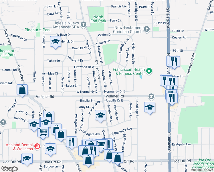 map of restaurants, bars, coffee shops, grocery stores, and more near 157 Mayfair Place South in Chicago Heights