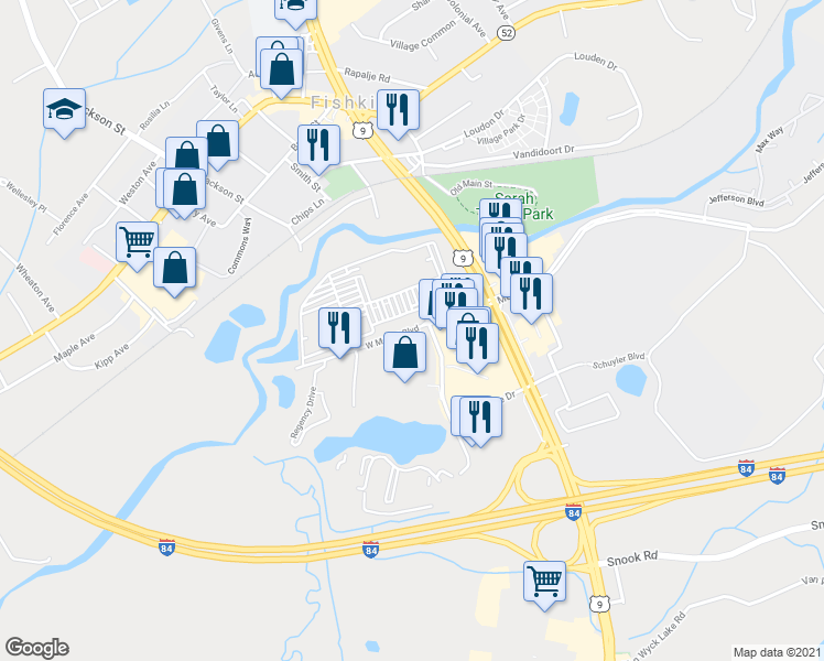 map of restaurants, bars, coffee shops, grocery stores, and more near 54 West Merritt Boulevard in Fishkill