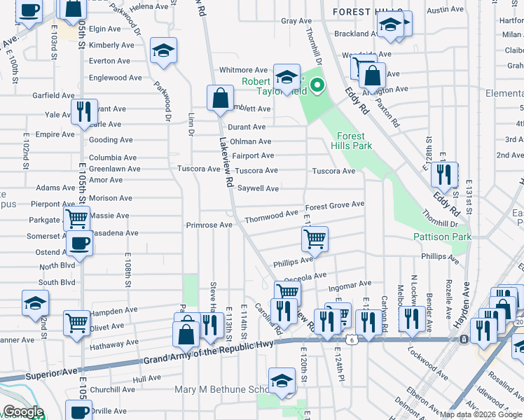 map of restaurants, bars, coffee shops, grocery stores, and more near 11610 Scottwood Avenue in Cleveland