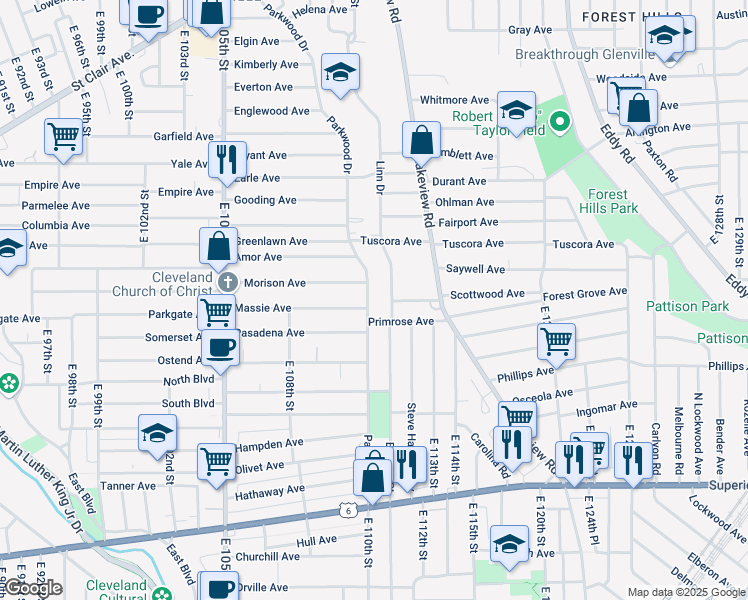 map of restaurants, bars, coffee shops, grocery stores, and more near 1053 Parkwood Drive in Cleveland