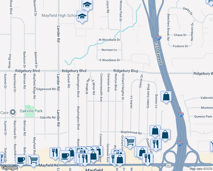 map of restaurants, bars, coffee shops, grocery stores, and more near 1156 Genesee Avenue in Mayfield Heights