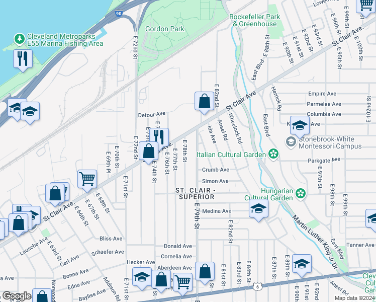 map of restaurants, bars, coffee shops, grocery stores, and more near 955 East 78th Street in Cleveland