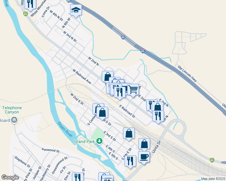 map of restaurants, bars, coffee shops, grocery stores, and more near 3 West Flaming Gorge Way in Green River
