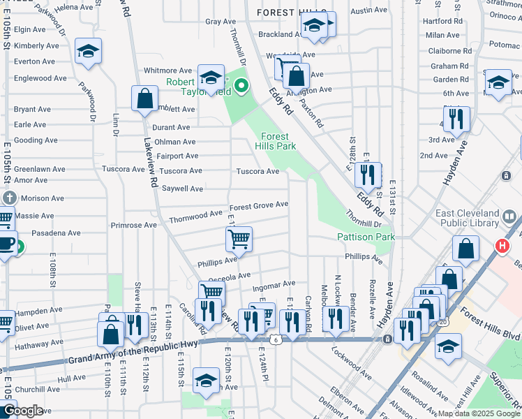 map of restaurants, bars, coffee shops, grocery stores, and more near 12402 Forest Grove Ave in Cleveland