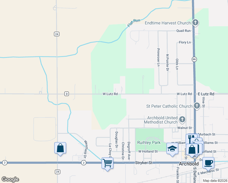 map of restaurants, bars, coffee shops, grocery stores, and more near 710 West Lutz Road in Archbold