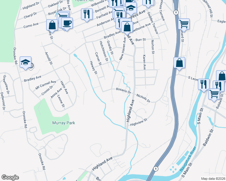 map of restaurants, bars, coffee shops, grocery stores, and more near 6 Rosario Drive in Waterbury