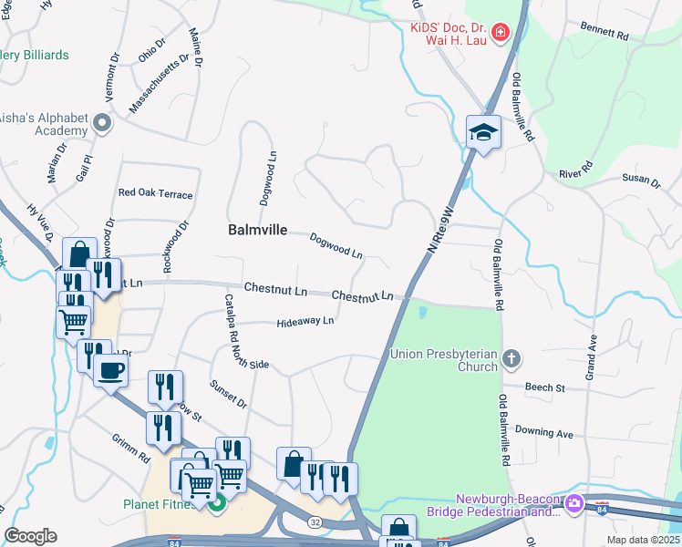 map of restaurants, bars, coffee shops, grocery stores, and more near 103 Dogwood Ln in Newburgh