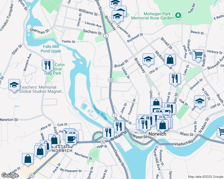 map of restaurants, bars, coffee shops, grocery stores, and more near 111 Washington Street in Norwich