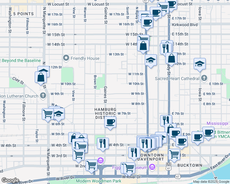 map of restaurants, bars, coffee shops, grocery stores, and more near 602 West 9th Street in Davenport