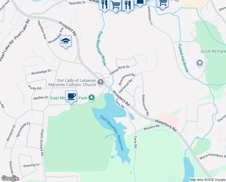 map of restaurants, bars, coffee shops, grocery stores, and more near 585 Prospect Road in Waterbury