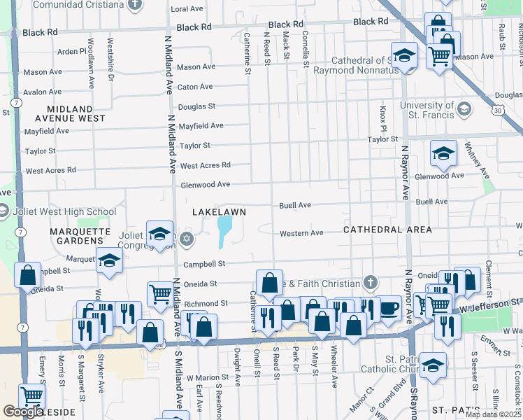 map of restaurants, bars, coffee shops, grocery stores, and more near 1156 Buell Avenue in Joliet