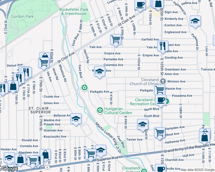 map of restaurants, bars, coffee shops, grocery stores, and more near 9202 Pierpont Avenue in Cleveland