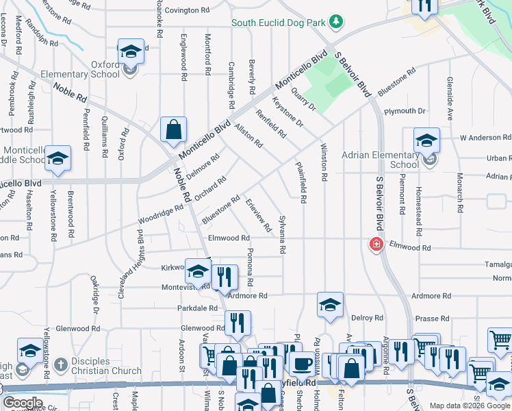 map of restaurants, bars, coffee shops, grocery stores, and more near 1143 Erieview Road in Cleveland Heights