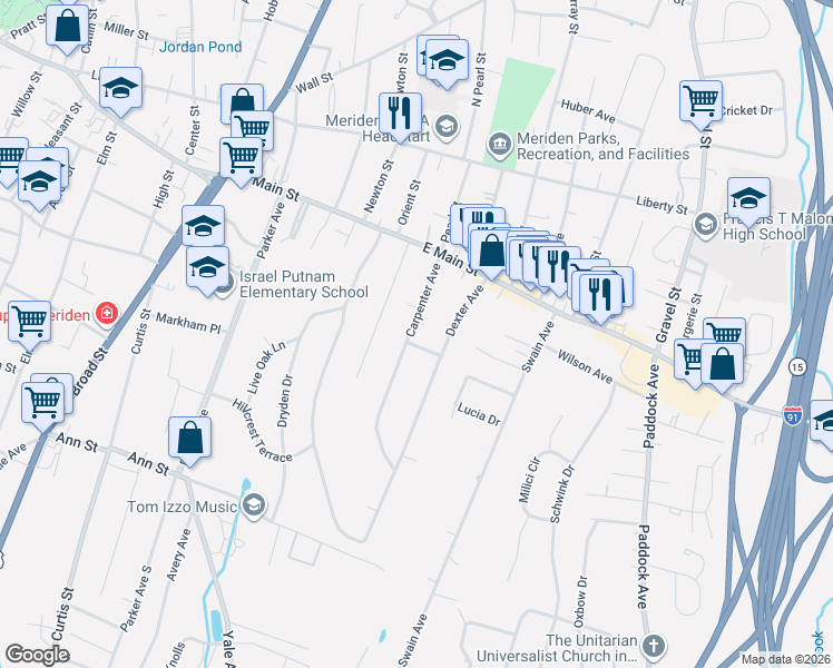 map of restaurants, bars, coffee shops, grocery stores, and more near 84 Carpenter Avenue in Meriden