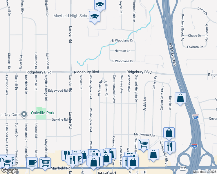 map of restaurants, bars, coffee shops, grocery stores, and more near 1151 East Miner Road in Mayfield Heights