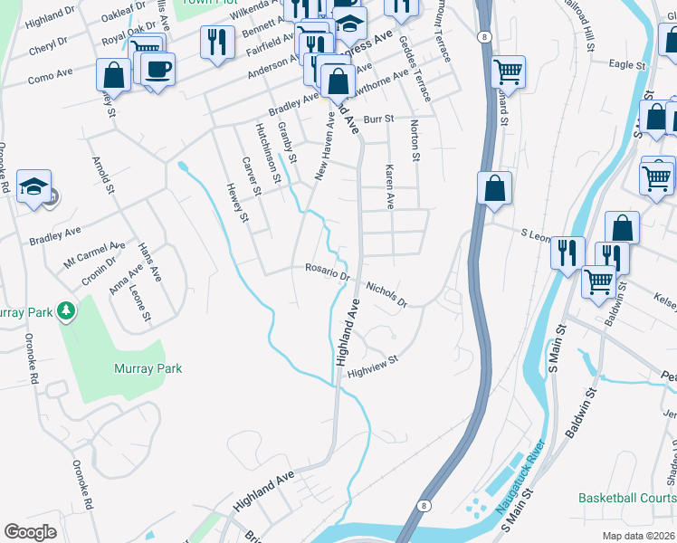 map of restaurants, bars, coffee shops, grocery stores, and more near 64 Rosario Drive in Waterbury