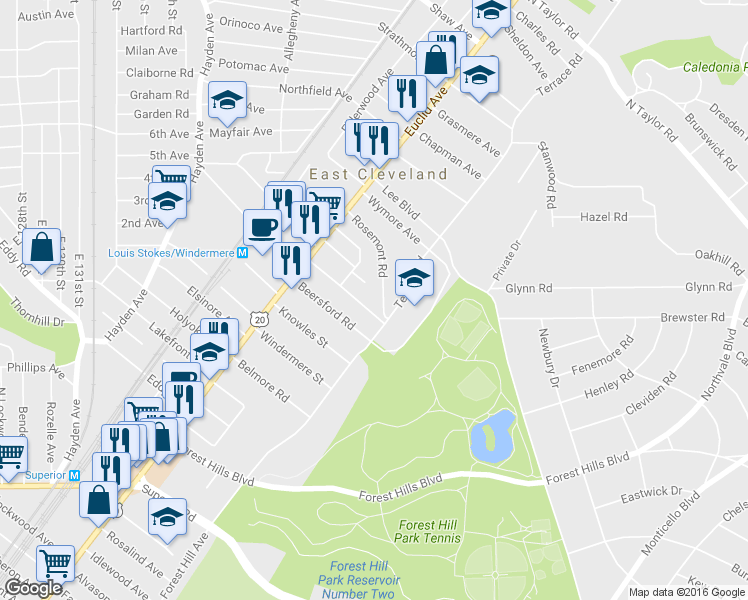 map of restaurants, bars, coffee shops, grocery stores, and more near 1922 Rosemont Road in East Cleveland