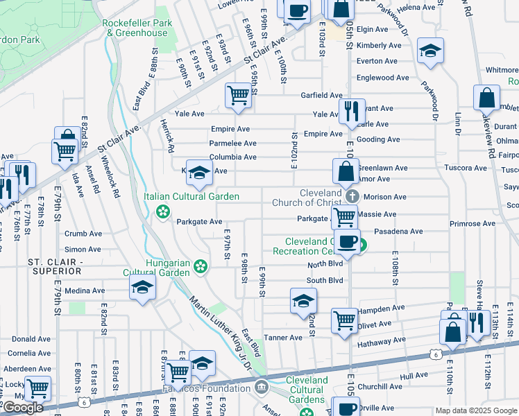 map of restaurants, bars, coffee shops, grocery stores, and more near 9806 Pierpont Avenue in Cleveland