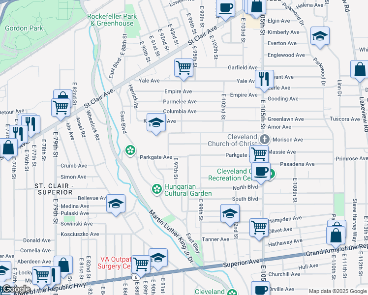 map of restaurants, bars, coffee shops, grocery stores, and more near 9410 Pierpont Avenue in Cleveland