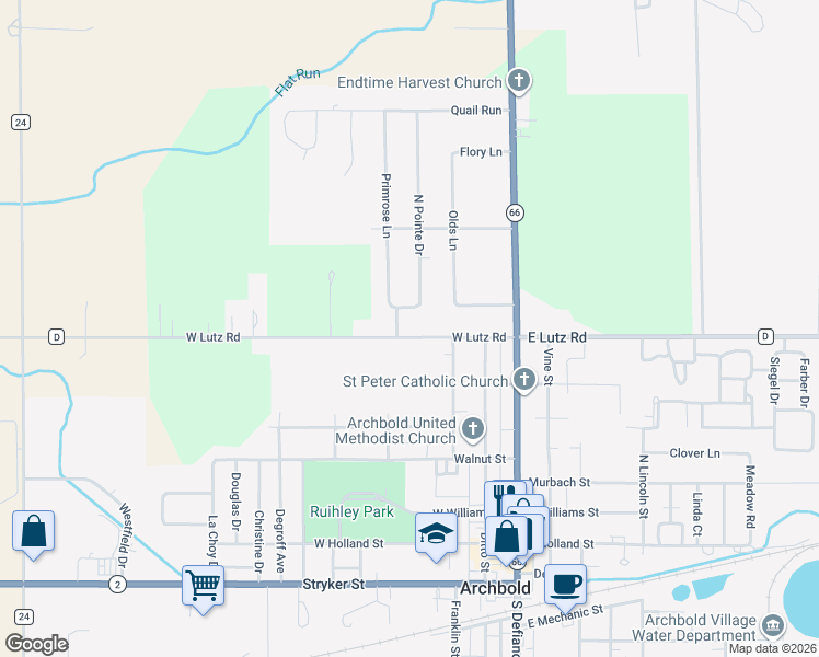 map of restaurants, bars, coffee shops, grocery stores, and more near 332 W Lutz Rd in Archbold