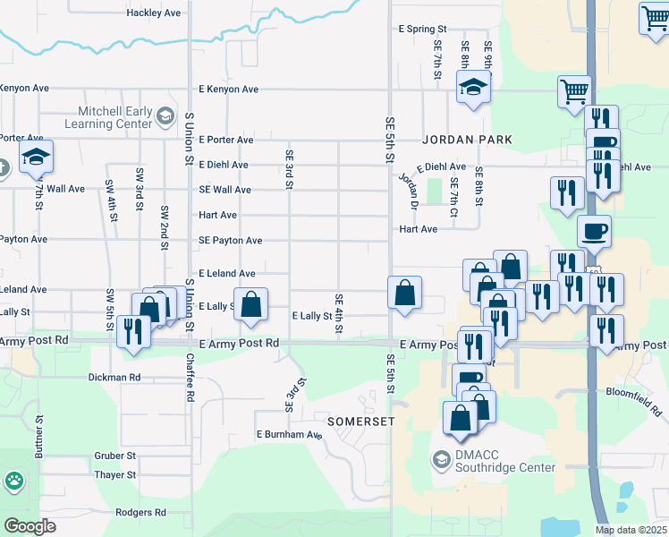map of restaurants, bars, coffee shops, grocery stores, and more near 6100 Southeast 4th Street in Des Moines