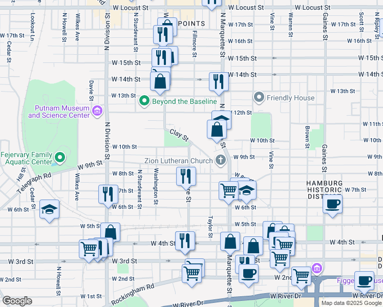 map of restaurants, bars, coffee shops, grocery stores, and more near 923 Fillmore Street in Davenport
