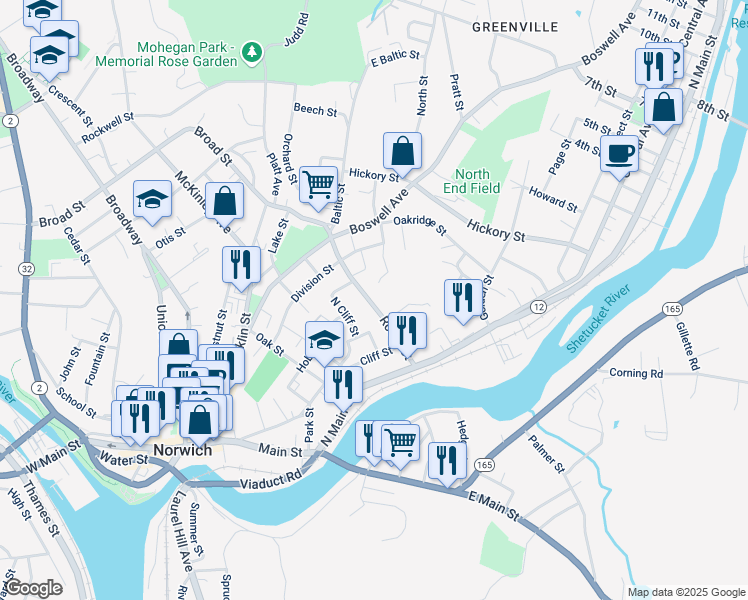 map of restaurants, bars, coffee shops, grocery stores, and more near 71 Roath Street in Norwich