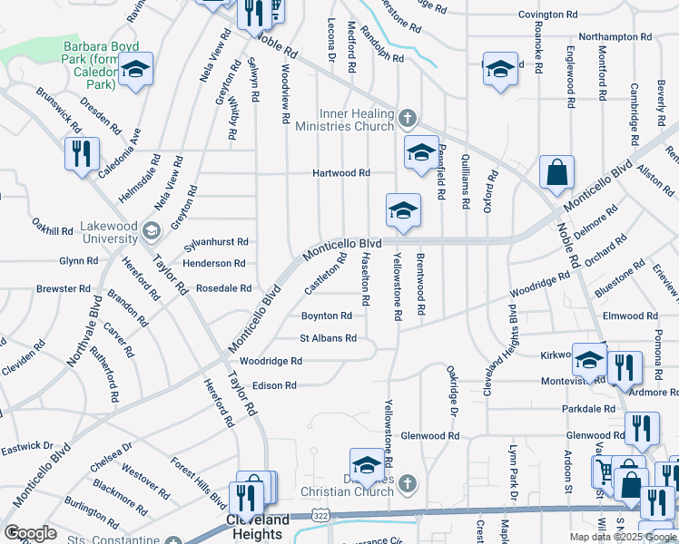 map of restaurants, bars, coffee shops, grocery stores, and more near 1115 Castleton Road in Cleveland Heights