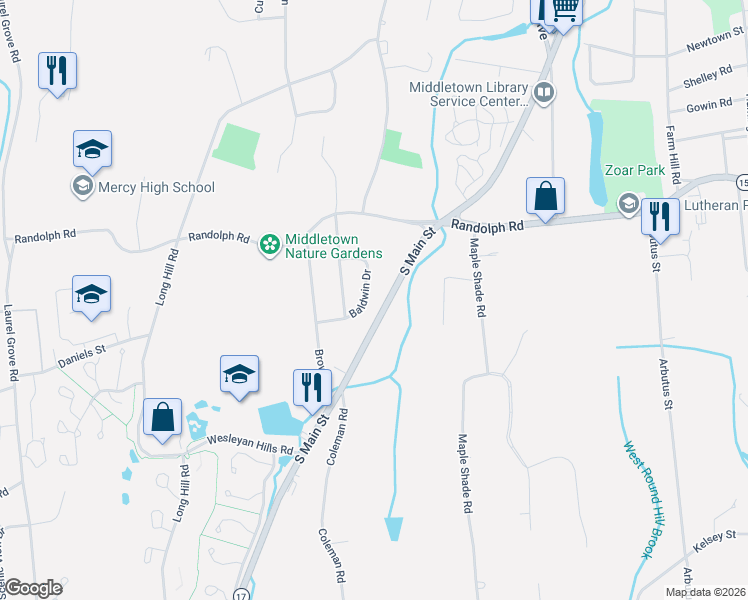 map of restaurants, bars, coffee shops, grocery stores, and more near 57 Baldwin Drive in Middletown