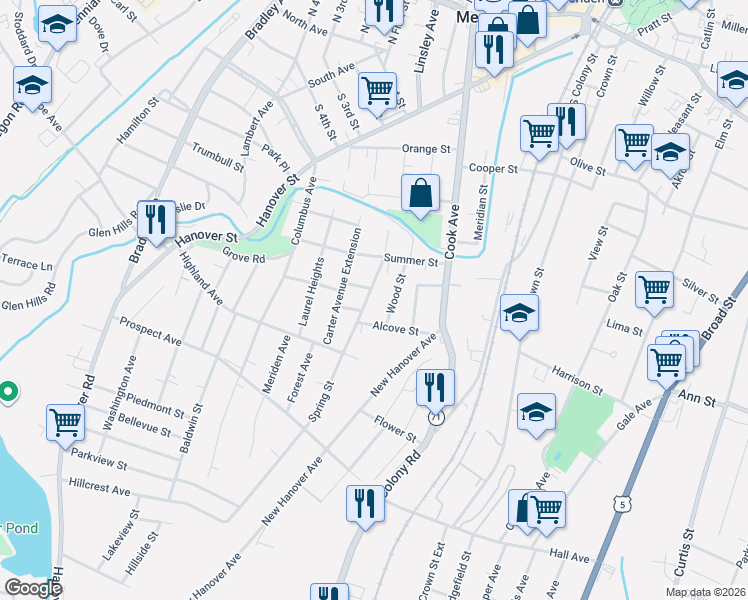 map of restaurants, bars, coffee shops, grocery stores, and more near 59 Wood Street in Meriden