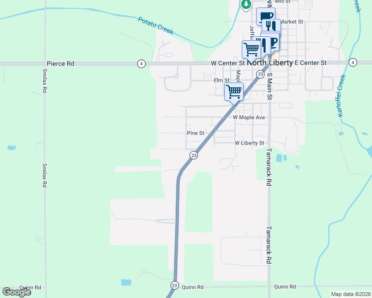 map of restaurants, bars, coffee shops, grocery stores, and more near 601 Cedar Street in North Liberty
