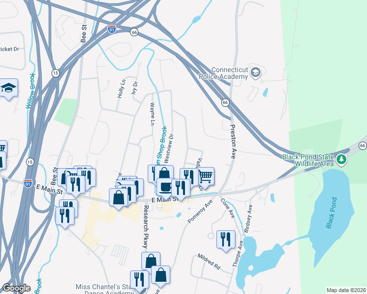 map of restaurants, bars, coffee shops, grocery stores, and more near 139 Valley View Drive in Meriden